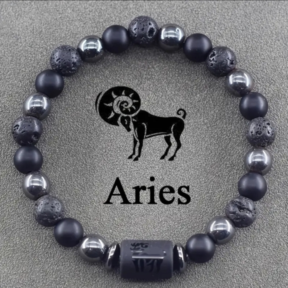 NEW ARIES Black and Gray Natural Stone‎ Unisex Zodiac Beaded Bracelet